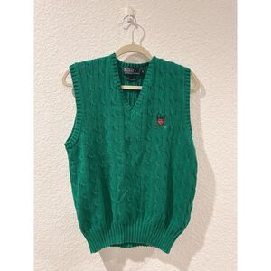 RARE Vintage 90's Polo Ralph Lauren Cable Fishermen Golf Cotton Green Knit Vest